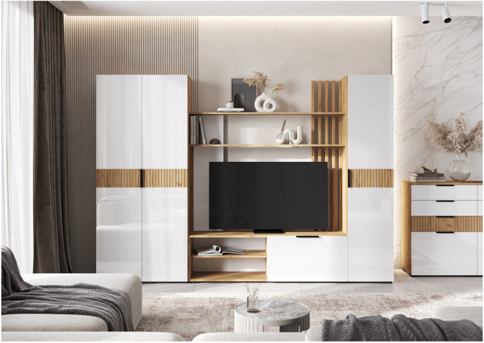 Модульная гостиная (Белый глянец, Дуб Крафт Золотой)