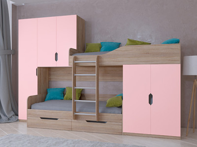 Кровать двухъярусная ЛЕО Сонома/Розовый