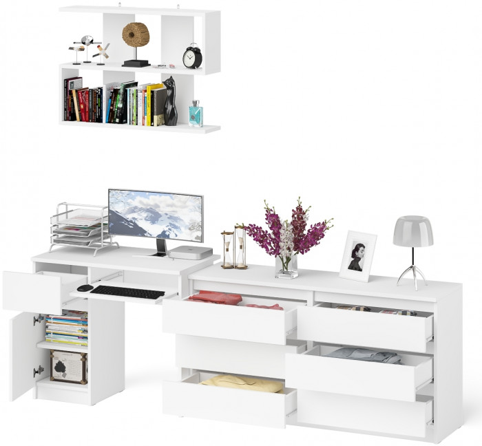 Мори Стол компьютерный МС-1 левый + Комод МК1380.6 + Полка 900, цвет белый, ШхГхВ 228х50х209,6 см., НЕ универсальная сборка