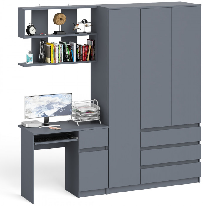 Мори Стол компьютерный МС-1 правый + Шкаф МШ1200.1 + Полка 900, цвет графит, ШхГхВ 210,4х50,4х209,6 см., НЕ универсальная сборка