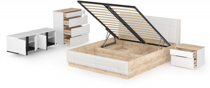 Муссон Кровать 11.28 + под. ортопед + Тумба 16.03 + Комод 13.97 + Тумба ТВ 13.276, белый/чёрный/дуб эндгрейн элегантный/кожзам белый, 1600х2000, б/м