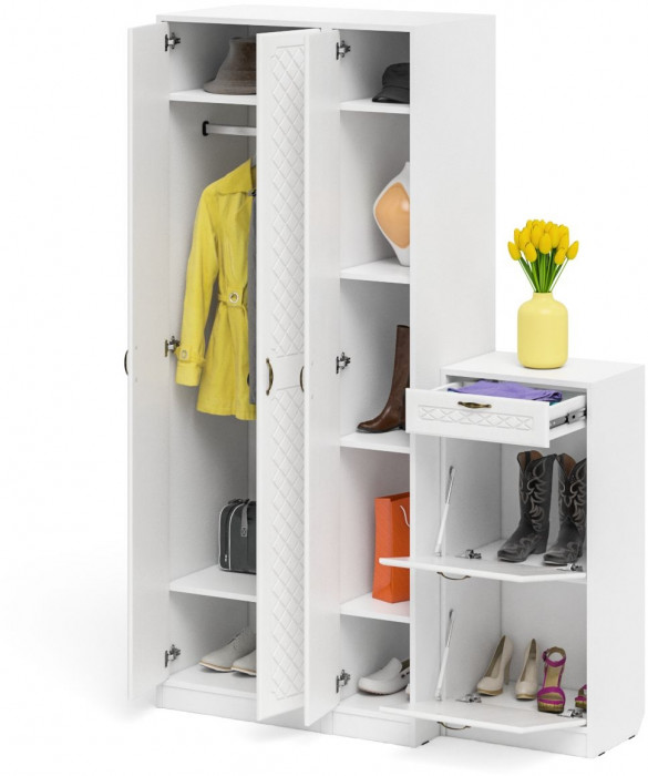 Прихожая П-6 Компоновка № 48, цвет белая шагрень/фасады МДФ белое дерево фрезеровка ромб, ШхГхВ 140х50х210 см., универсальная сборка