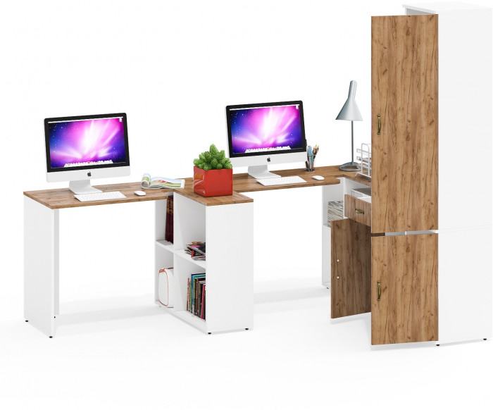 Лидер-8 Стол + Стол + Пенал МД 22Б + Тумба МД 3.15, цвет белый шагрень/крафт золото, ШхГхВ 410х50/37,5х75/190 или 230х160/50х75/190 см., НЕ ун. сб.