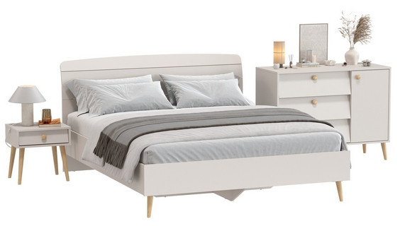 Афина Спальня Кровать 1600 + Комод + Тумба, цвет кашемир серый, ШхГхВ 164,6х210,2х95,6 + 110х45,3х83 + 45х37х45 см., 1600х2000 мм., б/м, осн. есть