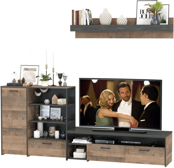 Трувор 13.70 Тумба под ТВ + 13.307.01 Комод + 15.60 Полка, цвет дуб гранж песочный/интра, ШхГхВ 258,8х45,4х195 см., универсальная сборка