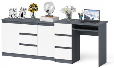 Мори Стол компьютерный МС-6 левый + Комод МК1200.3, цвет графит/белый, ШхГхВ 210,4х50х76,6 см., выдвижные ящики слева, НЕ универсальная сборка