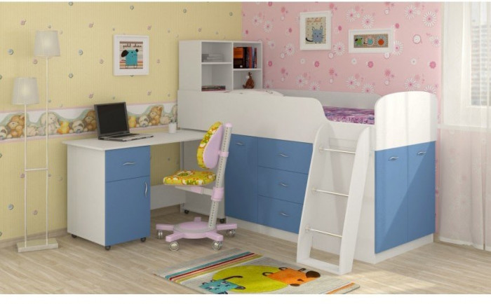 Детская кровать-чердак Дюймовочка-1, Белый / Голубой